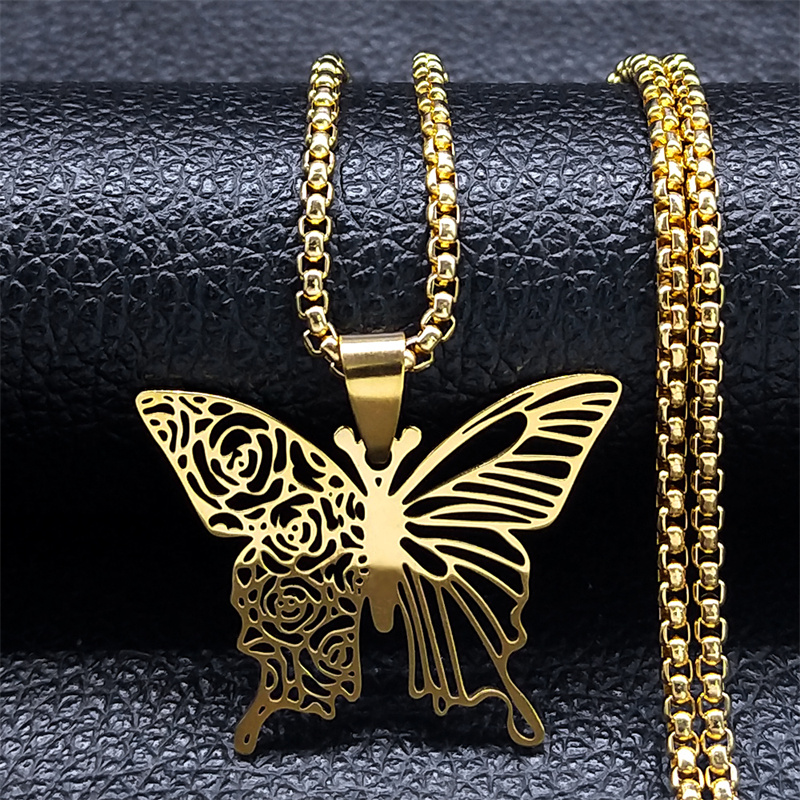 Butterfly Clasp Deployant - Ästhetische Schmetterlings-Rosen-Blumen-Anhänger-Halskette aus Edelstahl in Goldfarbe
