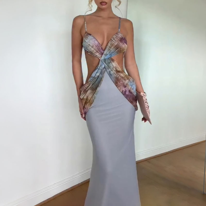 Mesh Strap Metal - Modisches Metallverziertes Rückenfreies Partykleid Elegantes Bedrucktes